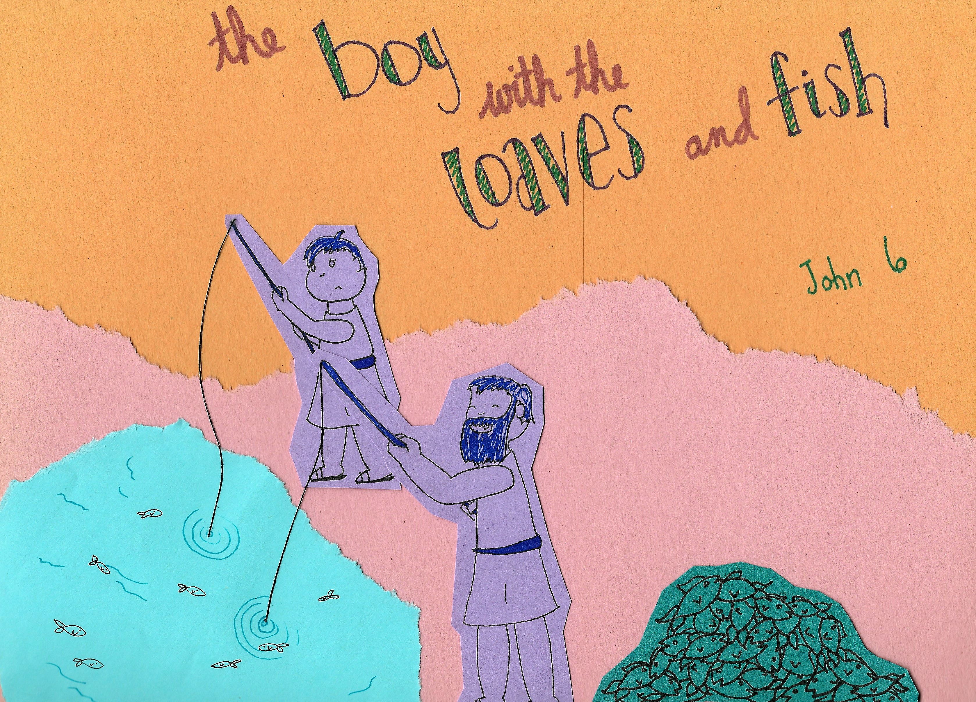 A collage of brightly colored papers shows a boy and his father fishing together.