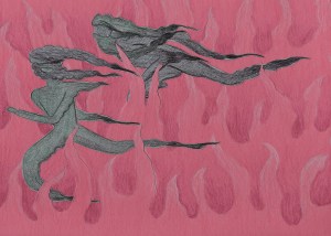 The silhouettes of women's bodies run through tall red flames