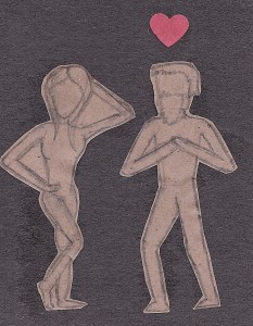 The silhouette of a woman posing seductively as a man looks on, hands over his heart, a red heart floating above his head.