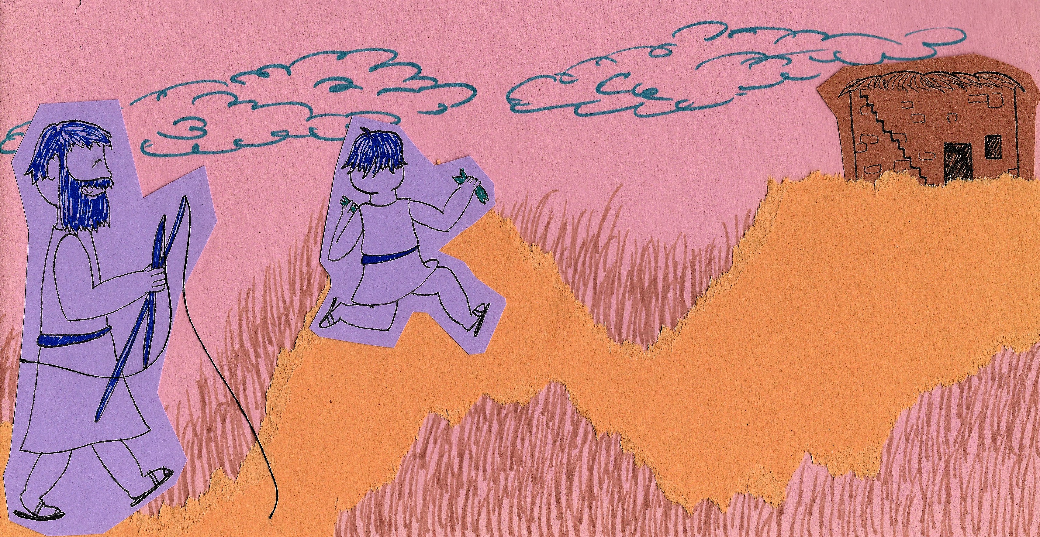 The boy runs ahead of his father on a trail through a field toward his home, one small fish in each hand.