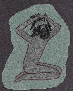 A man sits on the ground and clasps his head in grief. The hairs of his body are made of words like grief, repent, and worry.