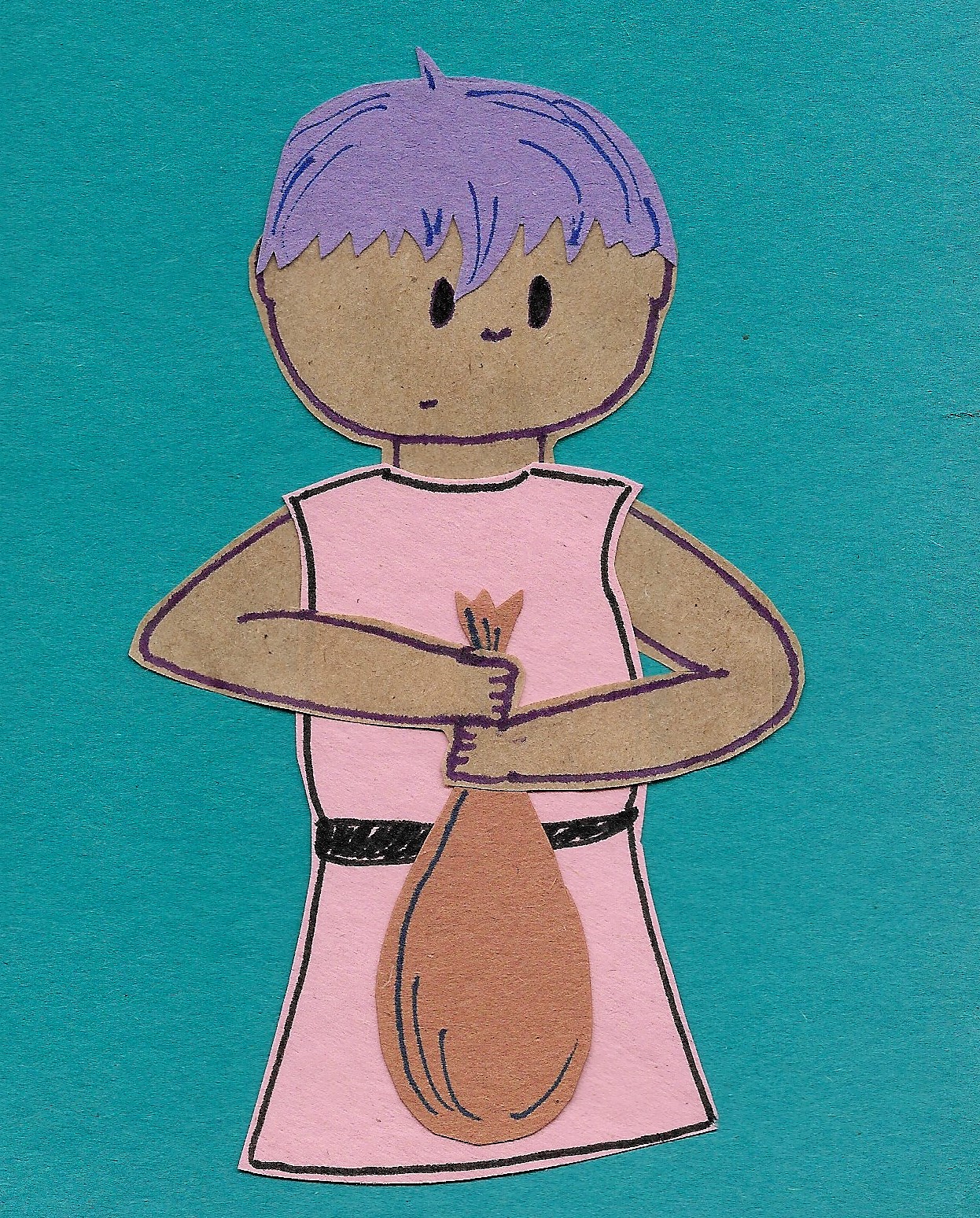 The young boy looks down at a sack he holds in his hands, a thoughtful frown on his face.