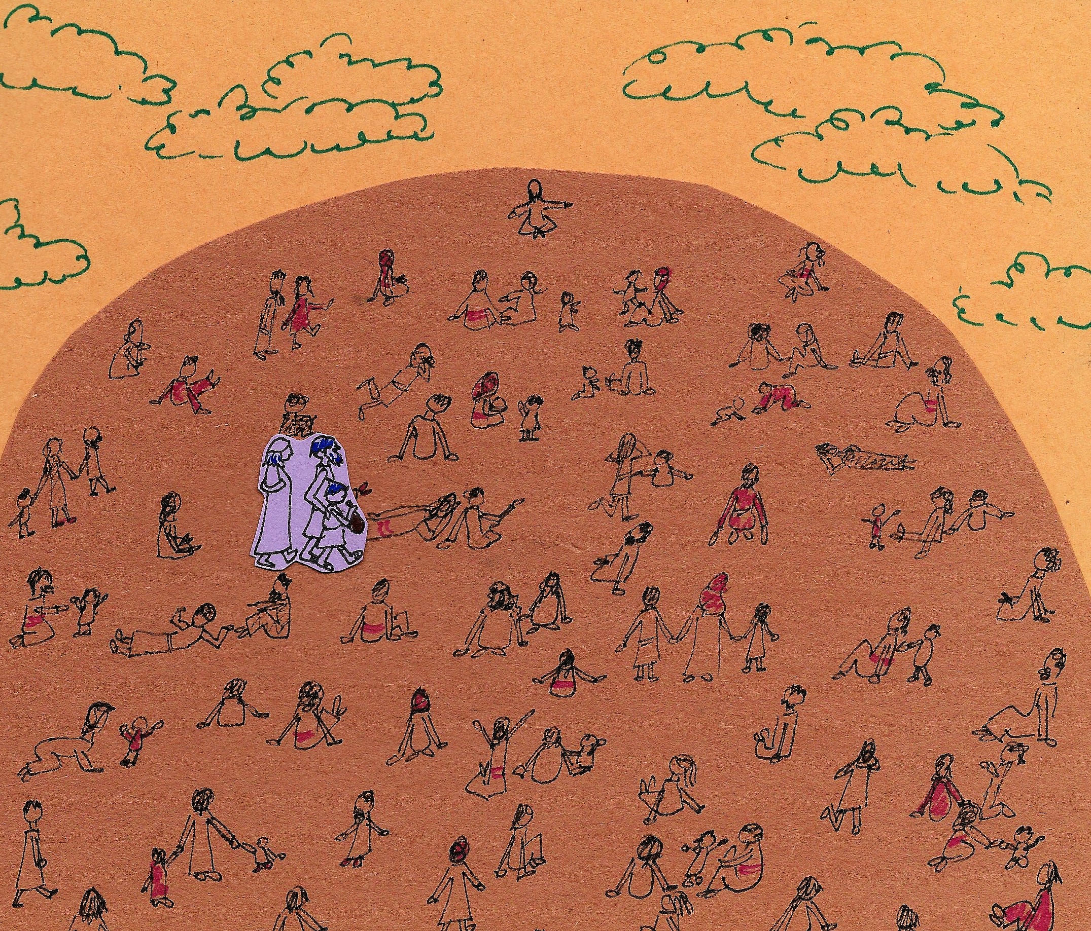 A huge crowd of people gather on a brown hill. The young boy, along with his parents, stands out in the crowd, drawn in a vibrant lavender. 