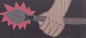 A hand grasps a spear.