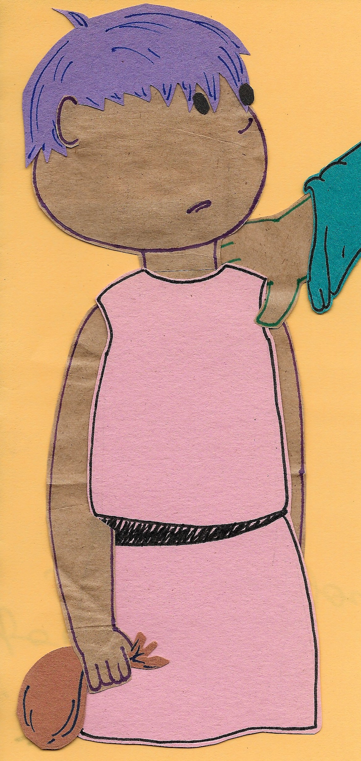 The young boy looks up at someone we cannot see, though his hand rests on the boy's shoulder. The sack is still clutched in the boy's hand. 