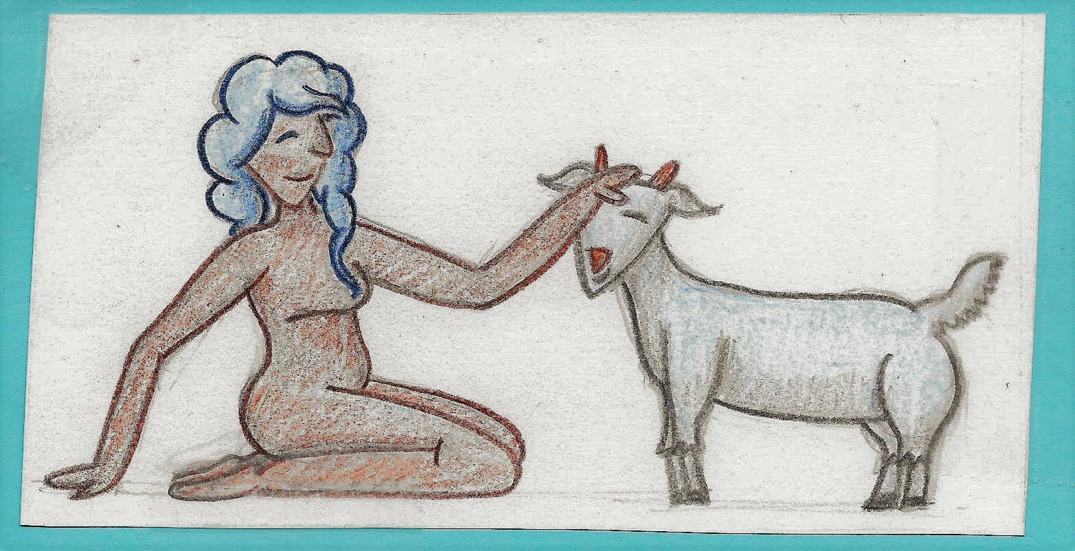 Cozbi sits on the ground petting a goat on the head.