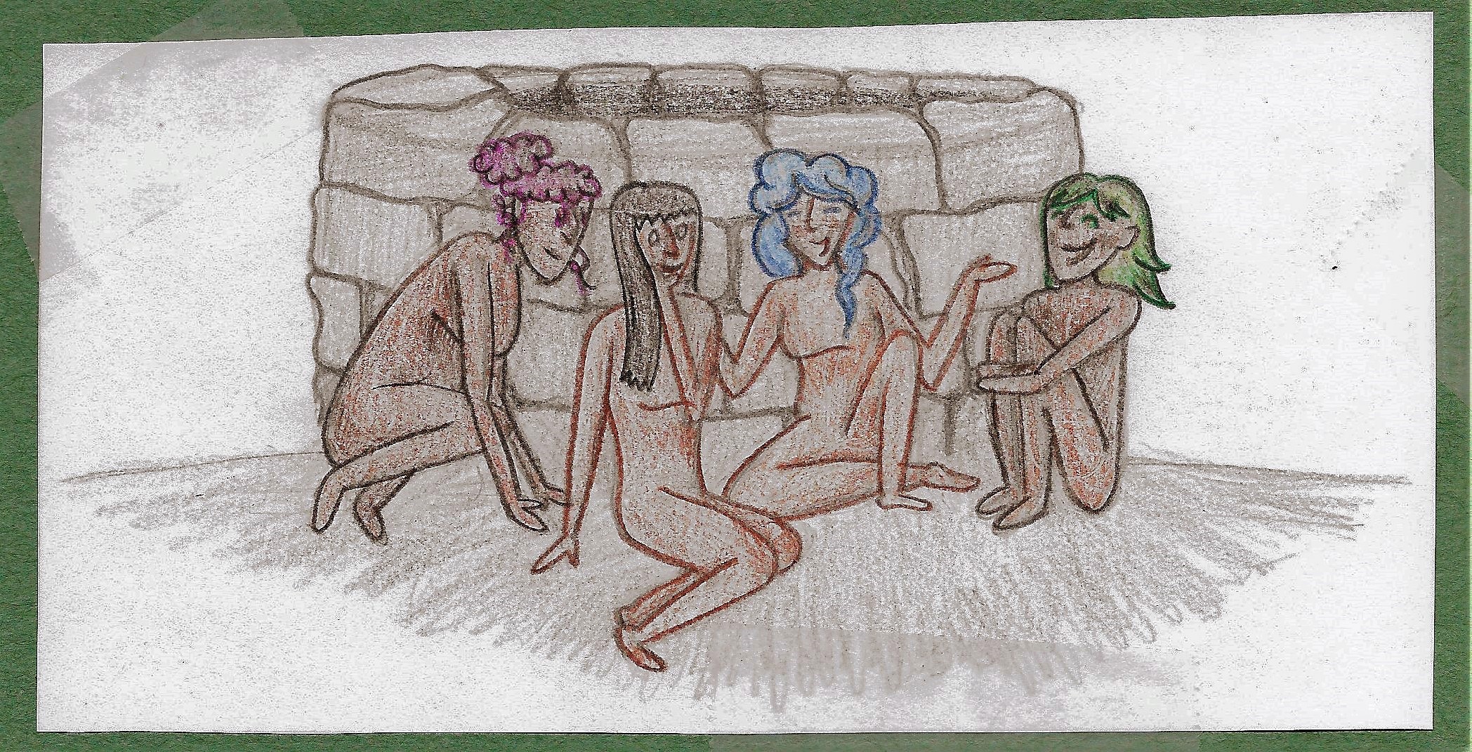 Cozbi sits in the shadow of a well with a few of her female friends, all talking and laughing.