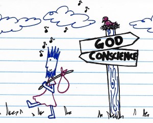 A sign points in two directions, one toward God and one toward conscience. Jonah follows the sign that reads "conscience" with a pack slung over his shoulder.