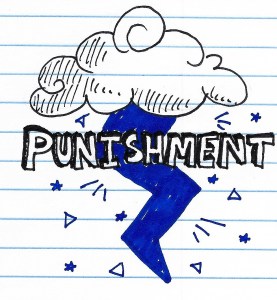 The word "punishment" in bold block letters sit in front of a scribbled storm cloud and lightning.