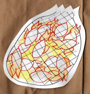 A watercolor image of a net full of yellow and orange fish.