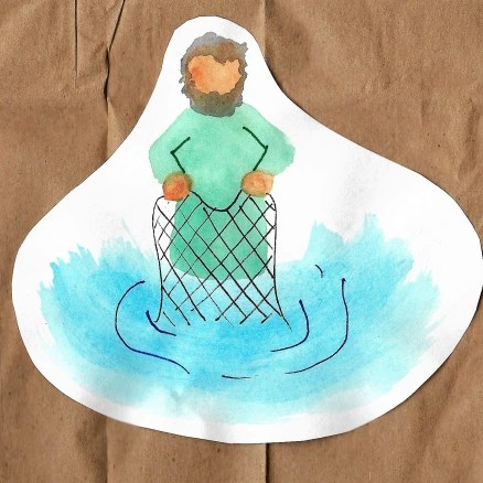 A watercolor image of Peter standing up to his waist in water holding a fishing net.