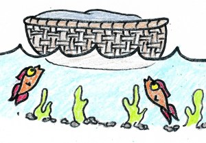 A basket floats on the water, two fish looking up at it curiously.