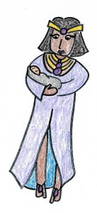 Pharaoh's daughter, a tall, dark-skinned woman in a purple robe, looks down at the baby she is holding.