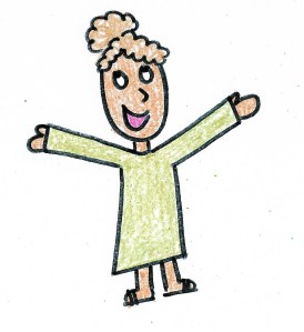 Miriam stands with her arms in the air, looking up with a smile on her face.