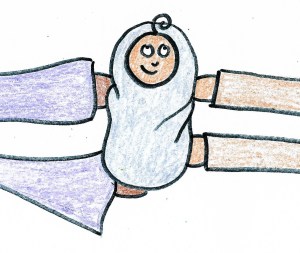 The hands of Pharaoh's daughter pass the baby to Miriam's mom.