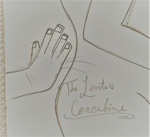 A man's hand shoves the small of a woman's back. It is captioned the Levite's concubine.