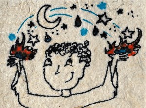 King Manasseh holds fire, stars, and a moon in his hands.