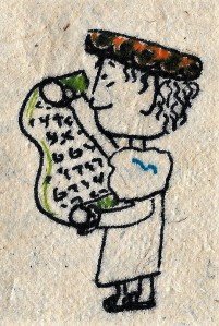 Josiah holds a scroll with Hebrew characters on it.