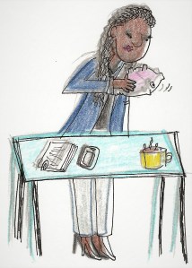 A woman in business clothes stands at a desk shaking a piggy bank.