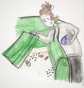 A woman with bags under her eyes holds a baby with one hand and lifts the couch cushion to check for coins with the other hand.