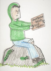 A woman with one amputated leg sits on a rock holding a cardboard sign reading, "anything helps. god bless."