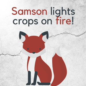 The words "Samson lights crops on fire!" float over a simple graphic of a fox.