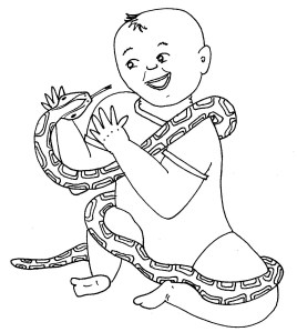A baby smiles at a large snake that is wrapped lovingly around the baby's body.