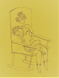 The woman sits on a chair holding a young boy who is in pain. The woman is crying.