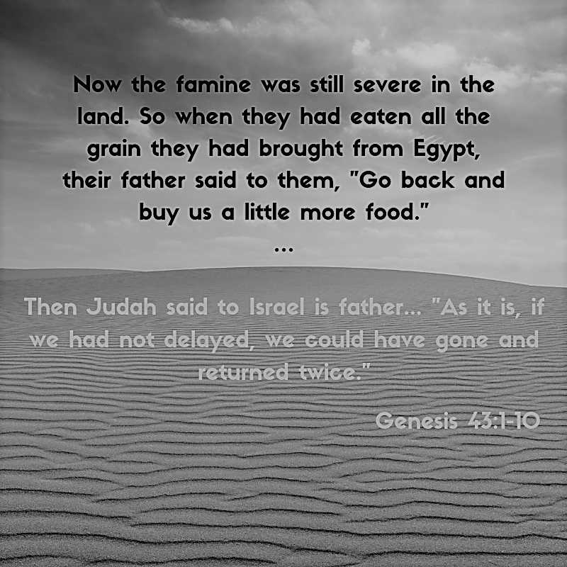 Now the famine was still severe in the land. So when they had eaten all the grain they had brought from Egypt, their father said to them, "Go back and buy us a little more food." … Then Judah said to Israel his father... "As it is, if we had not delayed, we could have gone and returned twice." Genesis 43:1-10