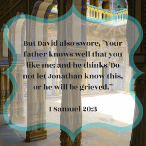 But David also swore, "Your father knows well that you like me; and he thinks 'Do not let Jonathan know this, or he will be grieved.'" First Samuel 20:3