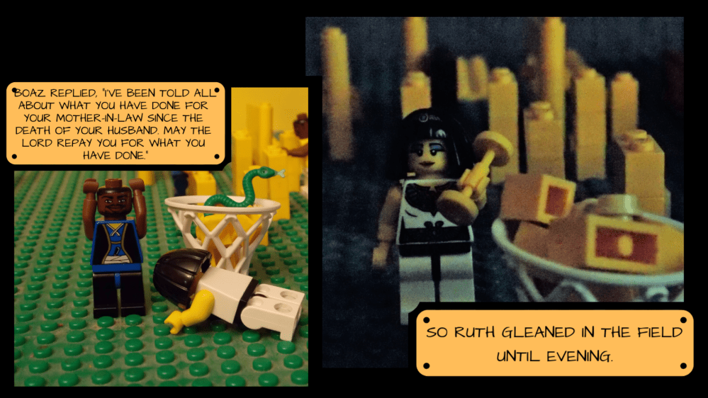 Frame one: Ruth remains laying on the ground at Boaz's feet as he says, "I've been told all about what you have done for your mother-in-law since the death of your husband. May the Lord repay you for what you have done."
Frame two: Ruth continues placing small yellow blocks into the basket in the dark. "So Ruth gleaned in the field until evening."