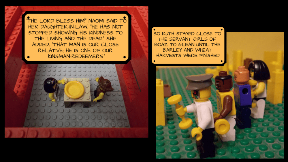 Frame one: From above, we see Ruth and Naomi stand around the now empty bowl as Naomi says, "The Lord bless him! He has not stopped showing his kindness to the living and the dead. That man is our close relative; he is one of our kinsman-redeemers."
Frame two: Ruth stands in a line of others collecting grain from the field with the text, "So Ruth stayed close to the servant girls of Boaz to glean until the barley and wheat harvests were finished."