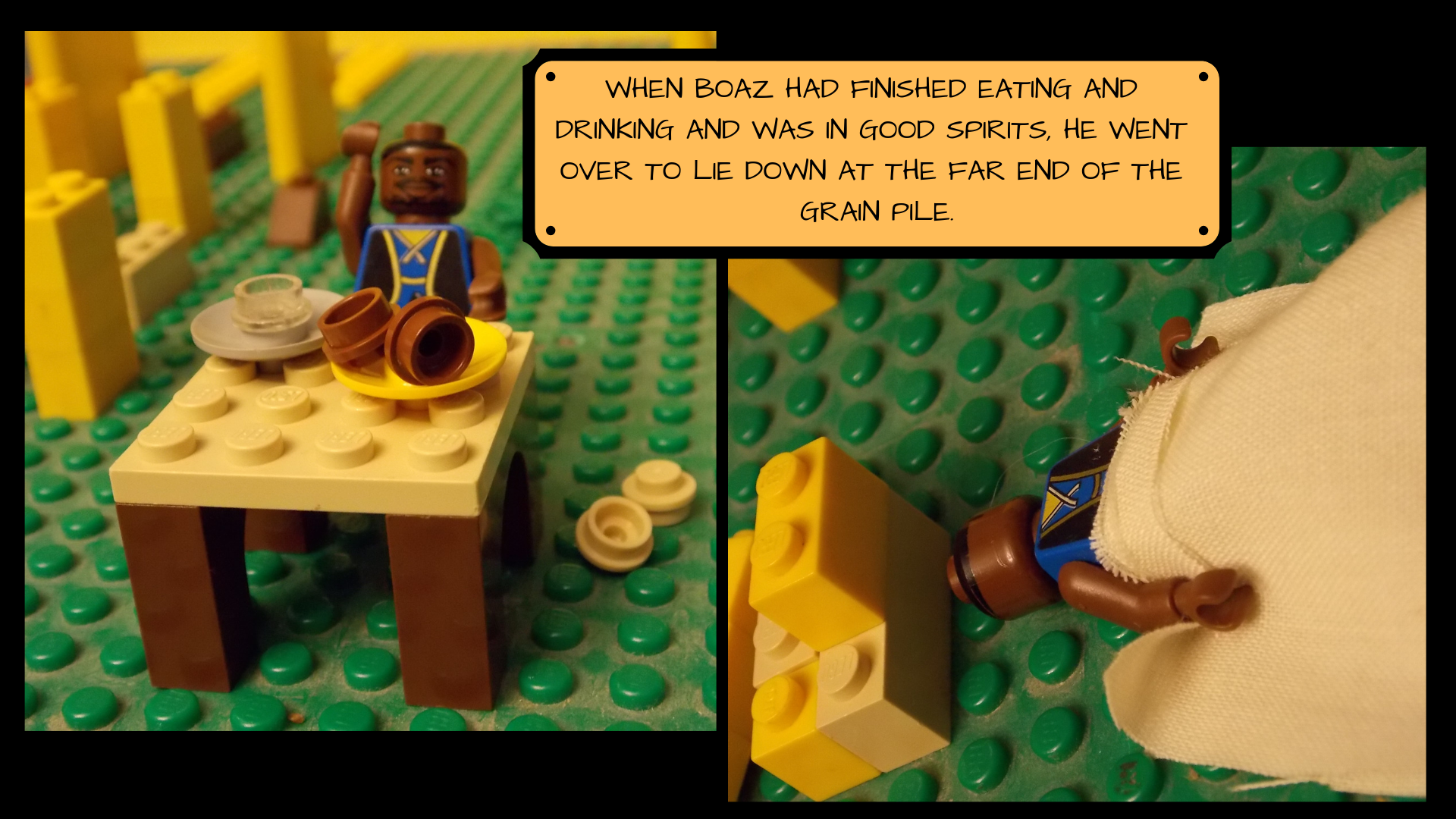 Lego Boaz sits at a Lego table covered in various Lego dishes, with Lego floor scattered on the Lego ground around him. Then he lies down under a blanket. The text reads, "When Boaz had finished eating and drinking and was in good spirits, he went over to lie down at the far end of the grain pile."