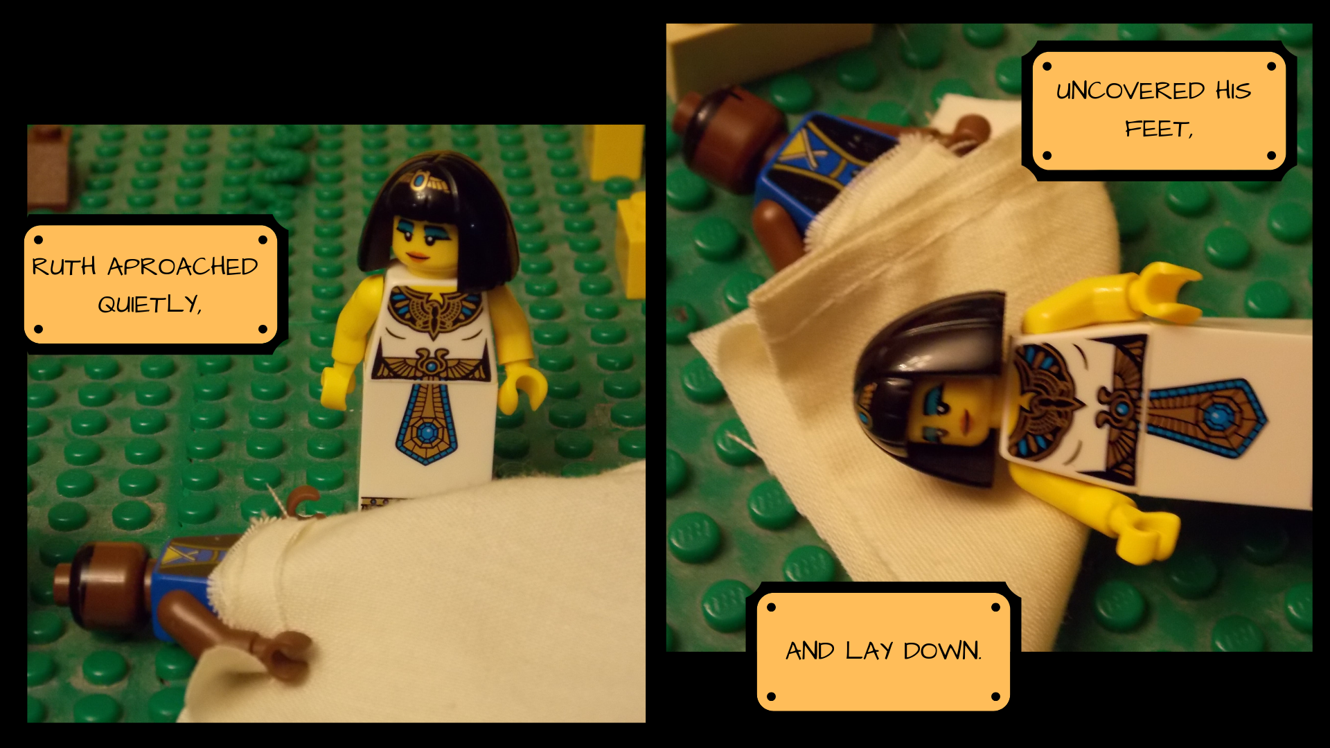 Lego Ruth stands over Boaz as he sleeps and then moves aside the corner of the blanket by his feet and lays down.