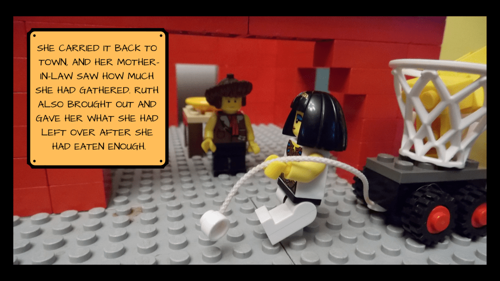 Ruth returns to the red brick house, towing the full basket on a small Lego car. The text reads, "She carried it back to town, and her mother-in-law saw how much she had gathered. Ruth also brought out and gave her what she had left over after she had eaten enough."