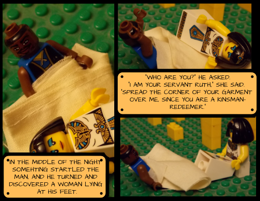 Boaz sits up and throws his hands in the air in surprise. Then he and Ruth sit and talk with the blanket between them. The text reads, "In the middle of the night, something startled the man, and he turned and discovered a woman lying at his feet. 'Who are you?' he asked. 'I am your servant Ruth,' she said. 'Spread the corner of your garment over me, since you are a kinsman-redeemer.'" 