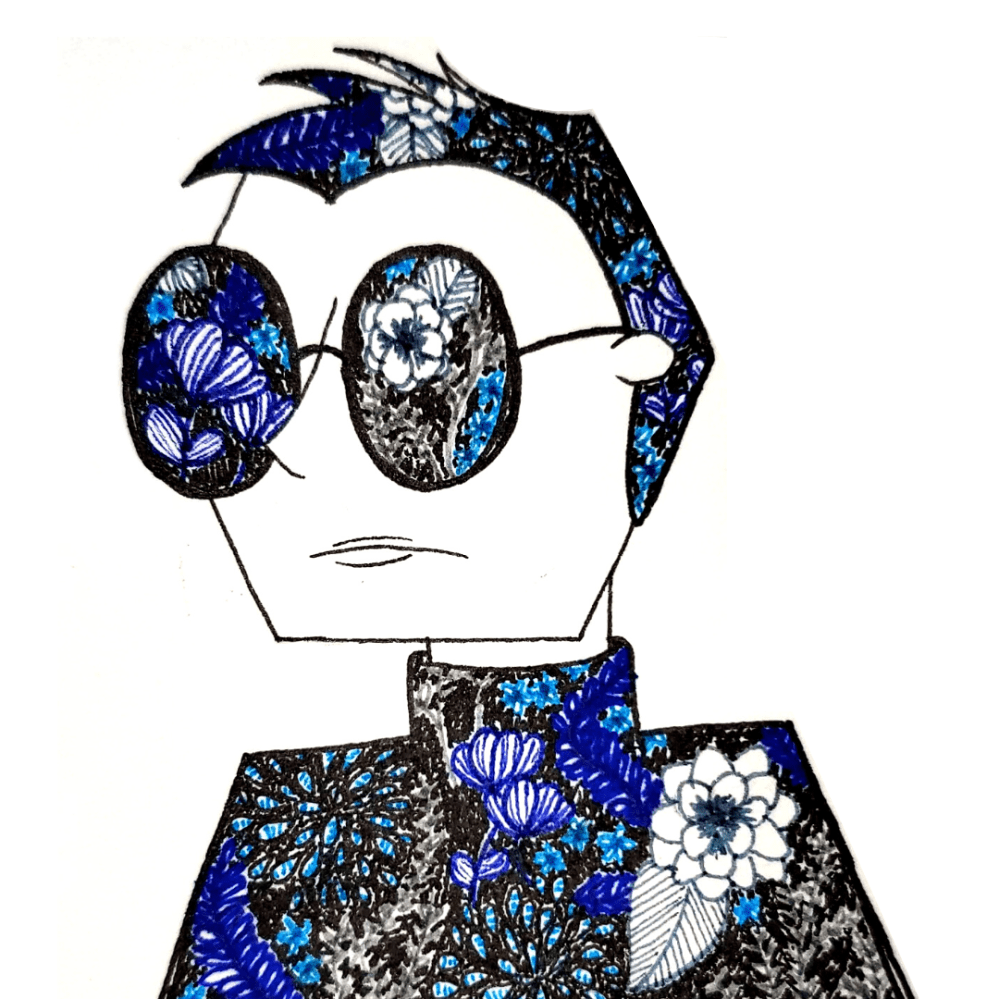 Drawing of Janine with short hair and glasses