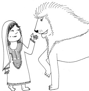 A young girl in a head covering feeds a large lion with a mane from the palm of her hand.