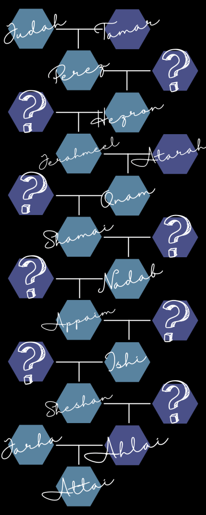 Genealogy of Ahlai's family, starting with Judah and Tamar. Eight question marks represent women whose names are not recorded in the Bible.